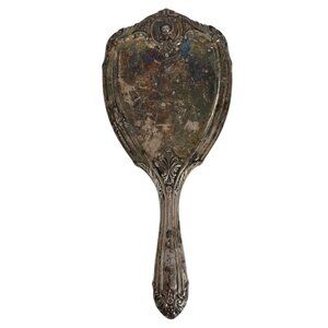 Antique Silver-Plated Ornate Handheld Vanity Mirror 11” Repousse Floral Design